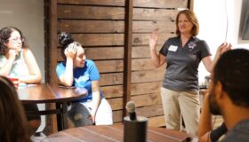 Amy Palmer presenting information about Soldiers Angels
