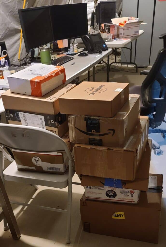 Care packages piled high on base