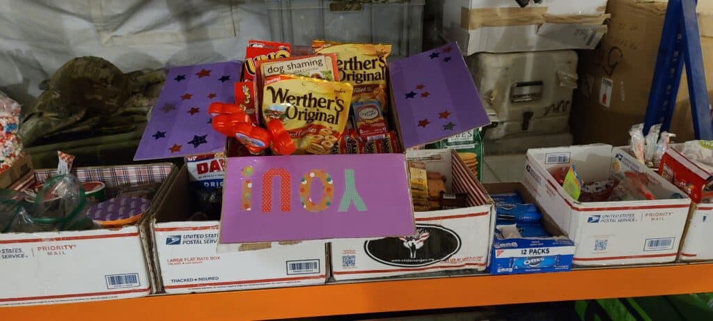 Care packages from Soldiers' Angels on a table